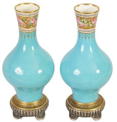 Lot 38 - A PAIR OF 19TH CENTURY MINTON AESTHETIC MOVEMENT GILT AND TURQUOISE VASES
