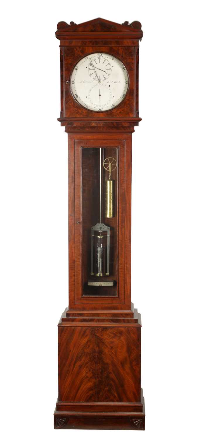 Lot 977 - BARRAUD, LONDON. A FINE REGENCY FIGURED MAHOGANY OBSERVATORY REGULATOR LONGCASE CLOCK