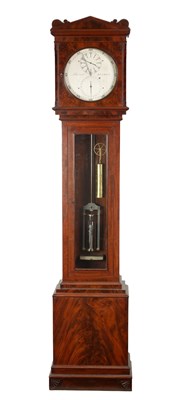 Lot 977 - BARRAUD, LONDON. A FINE REGENCY FIGURED MAHOGANY OBSERVATORY REGULATOR LONGCASE CLOCK