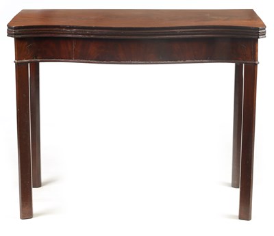 Lot 1311 - A GEORGE III FLAME MAHOGANY SERPENTINE SHAPED CARD TABLE