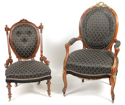 Lot 1168 - TWO 19TH CENTURY WALNUT AND BRASS MOUNTED UPHOLSTERED BEDROOM CHAIRS