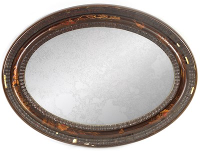 Lot 1714 - A 19TH CENTURY CHINOISERIE DECORATED OVAL LACQUERED HANGING MIRROR