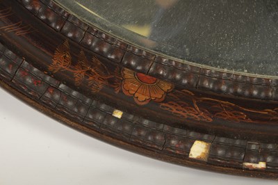 Lot 1714 - A 19TH CENTURY CHINOISERIE DECORATED OVAL LACQUERED HANGING MIRROR