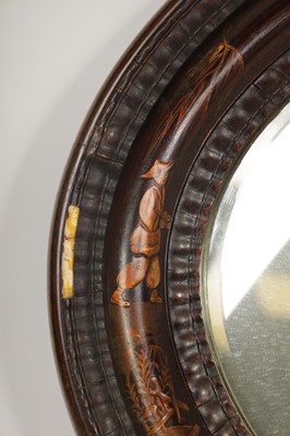 Lot 1714 - A 19TH CENTURY CHINOISERIE DECORATED OVAL LACQUERED HANGING MIRROR