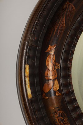 Lot 1714 - A 19TH CENTURY CHINOISERIE DECORATED OVAL LACQUERED HANGING MIRROR
