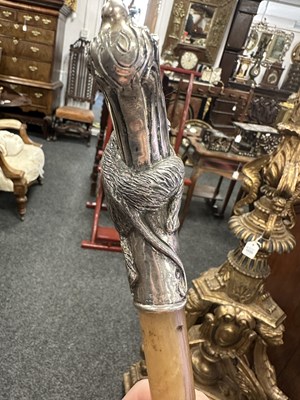 Lot 458 - A FINE LATE 19TH CENTURY ART NOUVEAU STYLE RHINOCEROS HORN SILVER MOUNTED WALKING CANE
