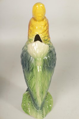 Lot 75 - FIVE 19TH CENTURY WEDGWOOD GREEN LEAF MOULDED PLATES, A SIMALR LARGE TWO HANDLED FOOTED TAZZA, A ST CLEMENT FRANCE PARROT JUG AND A POTTERY BAMBI FIGURE