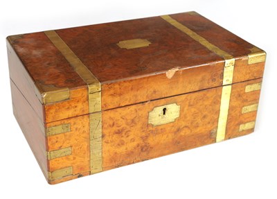 Lot 1132 - A VICTORIAN BRASS BOUND BURR WALNUT WRITING BOX