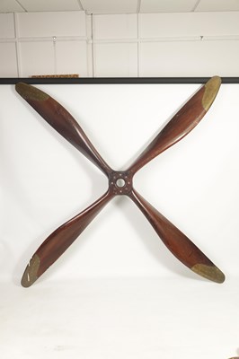 Lot 498 - A RARE MAHOGANY BRASS TIPPED FOUR BLADE PROPELLER FROM A 1915 WW1 FE8 AIRCRAFT