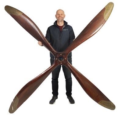 Lot 498 - A RARE MAHOGANY BRASS TIPPED FOUR BLADE PROPELLER FROM A 1915 WW1 FE8 AIRCRAFT