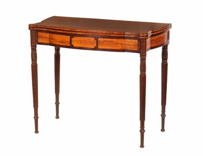 Lot 1340 - A GOOD SERPENTINE-SHAPED MAHOGANY AND FLAMED SATINWOOD PANELLED SHERATON-STYLE TEA TABLE POSSIBLY FEDERAL