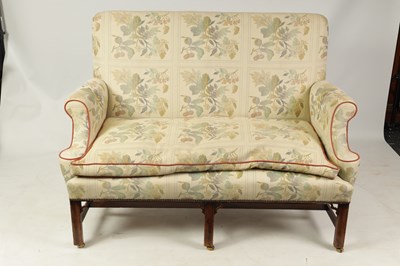 Lot 1447 - A PAIR OF GEORGE II STYLE TWO SEATER UPHOLSTERED MAHOGANY SETTEES