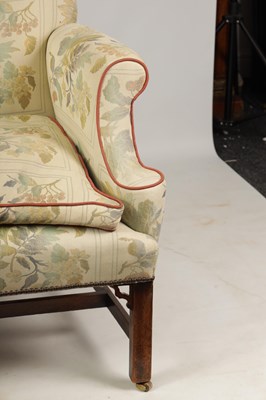 Lot 1447 - A PAIR OF GEORGE II STYLE TWO SEATER UPHOLSTERED MAHOGANY SETTEES