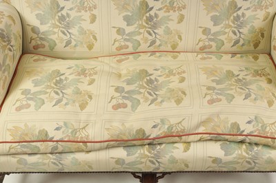 Lot 1447 - A PAIR OF GEORGE II STYLE TWO SEATER UPHOLSTERED MAHOGANY SETTEES