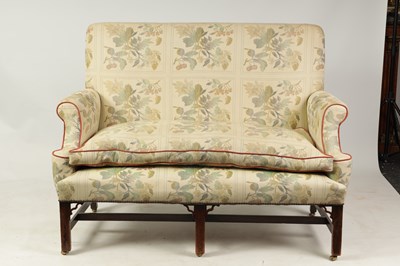 Lot 1447 - A PAIR OF GEORGE II STYLE TWO SEATER UPHOLSTERED MAHOGANY SETTEES