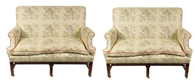 Lot 1447 - A PAIR OF GEORGE II STYLE TWO SEATER UPHOLSTERED MAHOGANY SETTEES