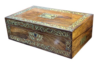 Lot 1111 - A BRASS INLAID REGENCY ROSEWOOD WRITING SLOPE