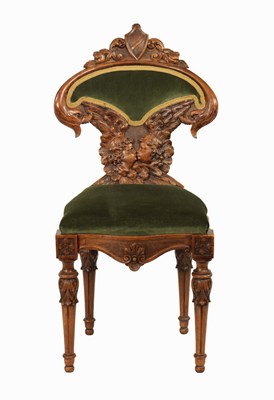 Lot 1285 - A 19TH-CENTURY ITALIAN CARVED WALNUT SIDE CHAIR