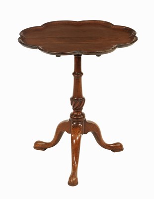 Lot 1279 - A GEORGE III FIGURED MAHOGANY OCCASIONAL TILT-TOP SCALLOP EDGE TABLE