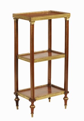 Lot 1360 - A 19TH CENTURY FRENCH THREE TIER MAHOGANY ORMOLU MOUNTED WHATNOT