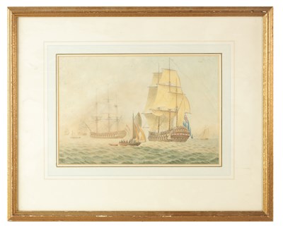 Lot 848 - ATTR. JOHN CLEVELEY II (BRITISH, 1747 - 1786) AN 18TH CENTURY WATERCOLOUR OF SAILING SHIPS AT SEA