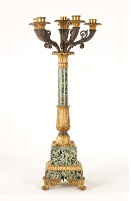 Lot 715 - A REGENCY-STYLE FRENCH ORMOLU MOUNTED VERDE GREEN MARBLE CANDELABRA