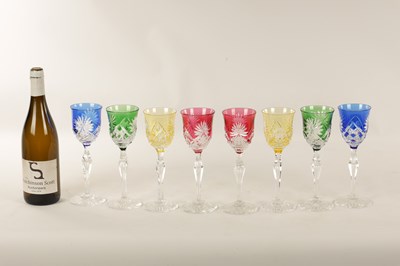 Lot 2 - A SET OF EIGHT 20TH CENTURY COLOURED CUT GLASS WINE GLASSES