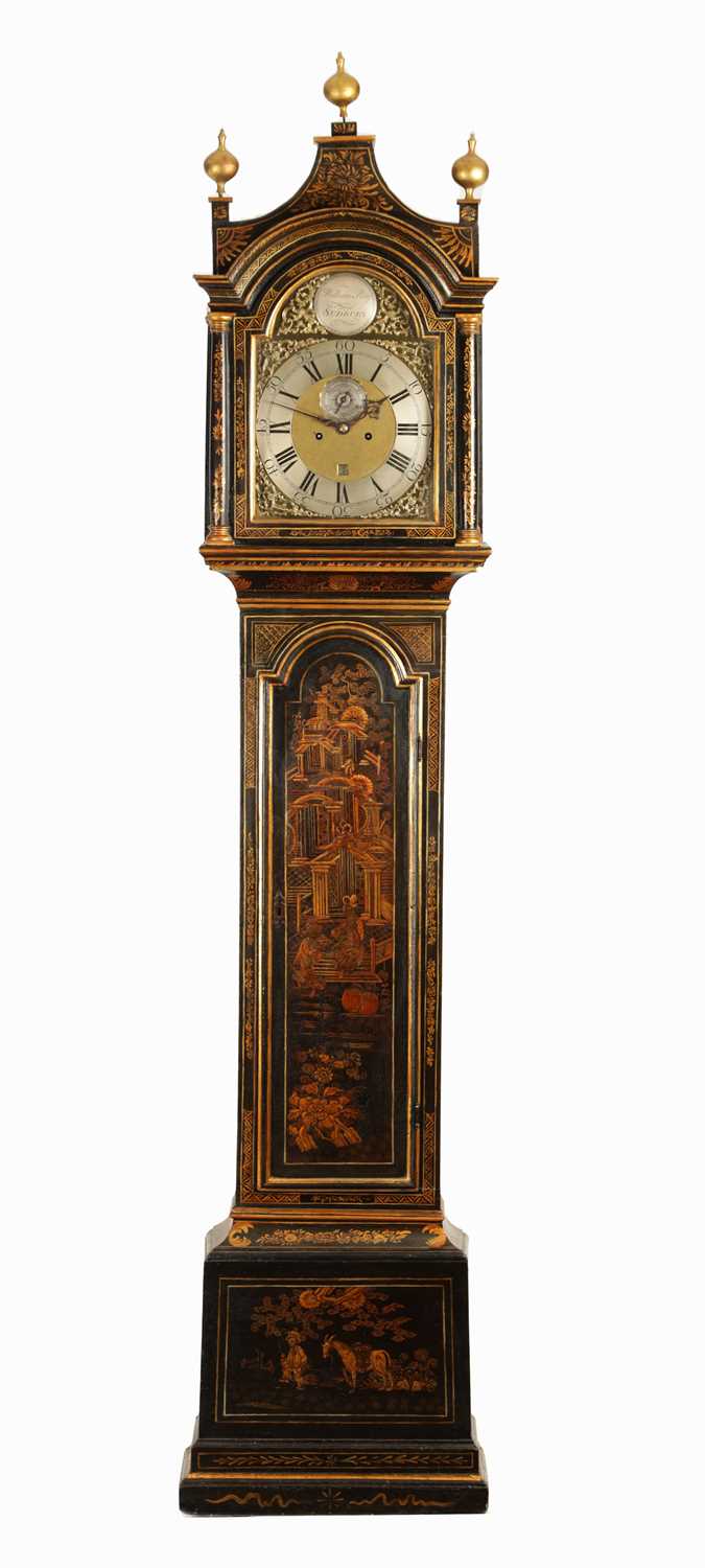 Lot 984 - WILLIAM RAY SUDBURY. A MID 18TH CENTURY BLACK LACQUER AND CHINOISERIE DECORATED EIGHT DAY LONGCASE CLOCK