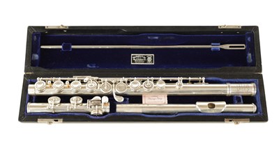 Lot 742 - A WMS HAYNES & CO SOLID SILVER HAND-MADE SPLIT E FLUTE
