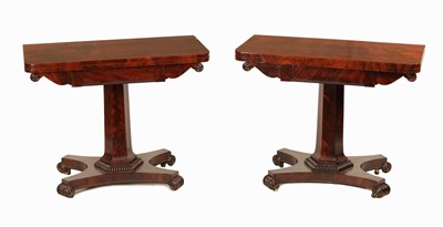 Lot 1309 - A PAIR OF LATE REGENCY FLAME MAHOGANY CARD TABLES