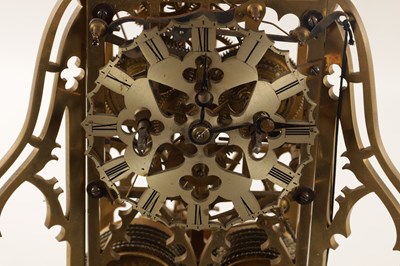 Lot 910 - A 19TH CENTURY ENGLISH DOUBLE FUSEE STRIKING SKELETON CLOCK