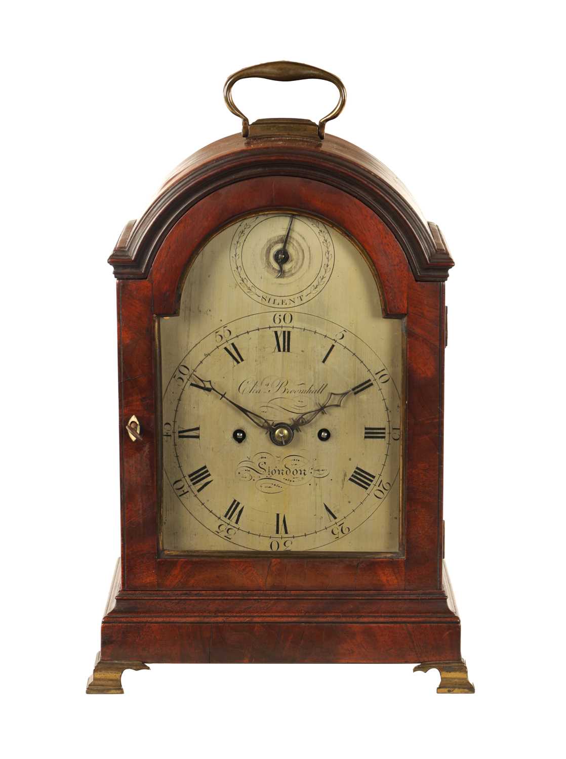 Lot 909 - CHARLES BROOMHALL, LONDON. A LATE 18TH CENTURY FIGURED MAHOGANY VERGE BRACKET CLOCK