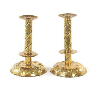 Lot 507 - A PAIR OF 18TH/19TH CENTURY DUTCH SHEET BRASS CANDLESTICKS