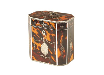 Lot 1126 - A FINE GEORGE III TORTOISHELL, IVORY AND SILVER MOUNTED FACETTED TEA CADDY