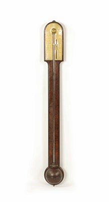 Lot 1027 - BURTON, LONDON. A GEORGE III FIGURED MAHOGANY STICK BAROMETER