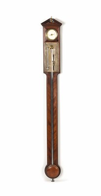 Lot 904 - WATKINS, (WILLIAM) ST. JAMES STREET, LONDON. A GOOD GEORGE III EBONY AND BOXWOOD STRUNG FEATHERED MAHOGANY STICK BAROMETER/THERMOMETER