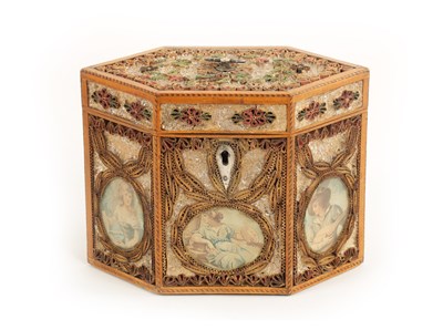 Lot 1144 - A FINE GEORGE III CHEQUERBAND STRUNG SATINWOOD, SCROLLED PAPER, CRUSHED GLASS AND PORTRAIT PANELLED HEXAGONAL TEA CADDY