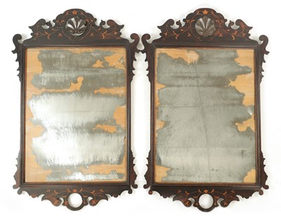 Lot 1221 - A PAIR OF GEORGE IISOLID ROSEWOOD AND BOXWOOD INLAID HANGING MIRRORS