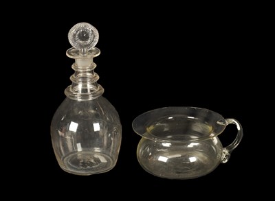 Lot 16 - AN UNUSUAL GEORGIAN GLASS SPITTOON AND BRANDY DECANTER