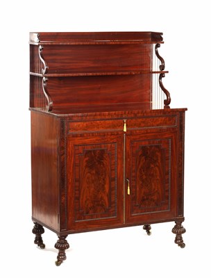 Lot 1196 - A REGENCY FLAME MAHOGANY SECRETAIRE SIDE CABINET/CHIFFONIER