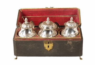 Lot 446 - A GOOD GEORGE III SHAGREEN CASED SET OF THREE OLD SHEFFIELD TEA CADDIES