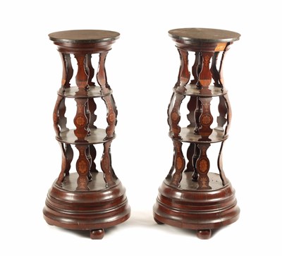 Lot 1229 - AN UNUSUAL PAIR OF GEORGE III INLAID MAHOGANY SHAPED CIRCULAR WHATNOTS
