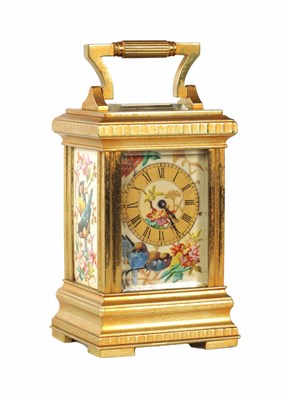 Lot 1038 - A LATE 19TH CENTURY FRENCH MINIATURE PORCELAIN PANELLED CARRIAGE CLOCK