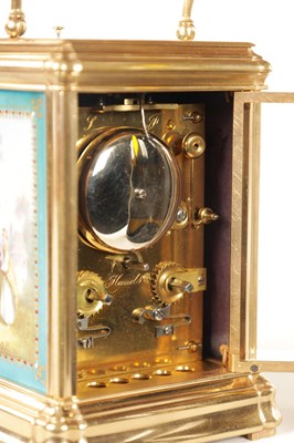 Lot 988 - A 19TH CENTURY FRENCH SEVRES PORCELAIN PANELLED GORGE CASE REPEATING CARRIAGE CLOCK