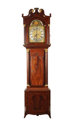 Lot 1095 - R. ROBERTS, BROMSGROVE. A LATE GEORGE III FIGURED MAHOGANY EIGHT DAY LONGCASE CLOCK