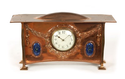 Lot 1091 - ATT. GEORGE WALTON. A COPPER AND ENAMEL ARTS AND CRAFTS MANTEL CLOCK