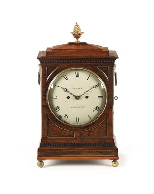 Lot 1090 - ALDRED, YARMOUTH. A REGENCY ENGLISH ROSEWOOD BRACKET CLOCK OF NICE PROPORTIONS