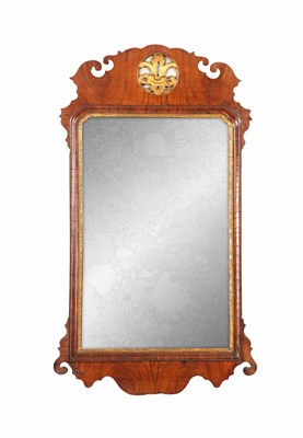 Lot 1274 - A GEORGE I WALNUT AND PARCEL GILT CUSHION FRAMED HANGING MIRROR