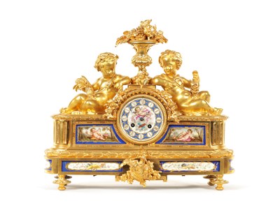 Lot 1076 - A 19TH CENTURY ORMOLU AND SEVRES STYLE PORCELAIN PANELLED MANTEL CLOCK