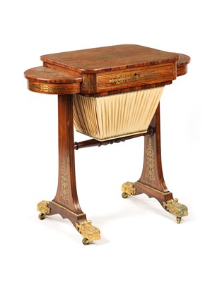 Lot 1191 - A FINE REGENCY BRASS INLAID FIGURED ROSEWOOD WORK TABLE IN THE MANNER OF GILLOWS